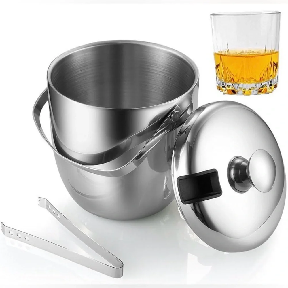 MKRSD Stainless Steel Insulated Ice Bucket with Lid & Tongs 2.8L Double Wall